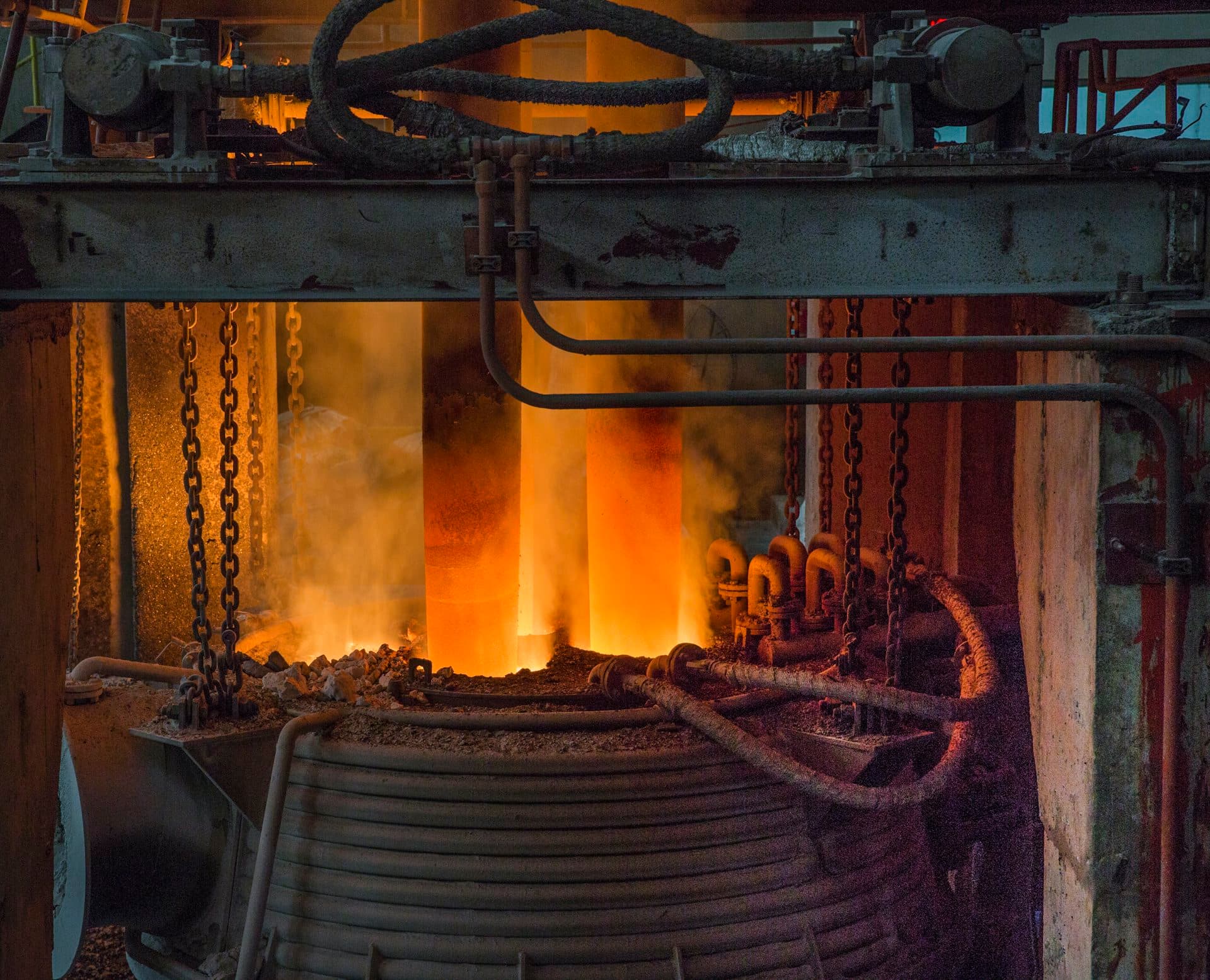 Fire thrown from hot metal inside a foundry